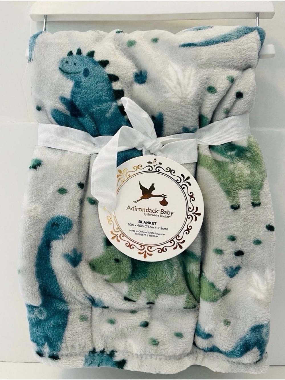 Adirondack Baby by Berkshire Baby Blanket Gray with Blue and Green Dinosaurs